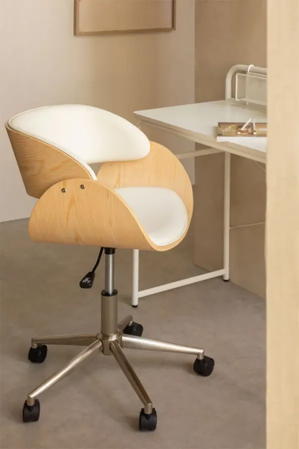 Silla de Escritorio con Ruedas Lorete – Madera Natural y Polipiel